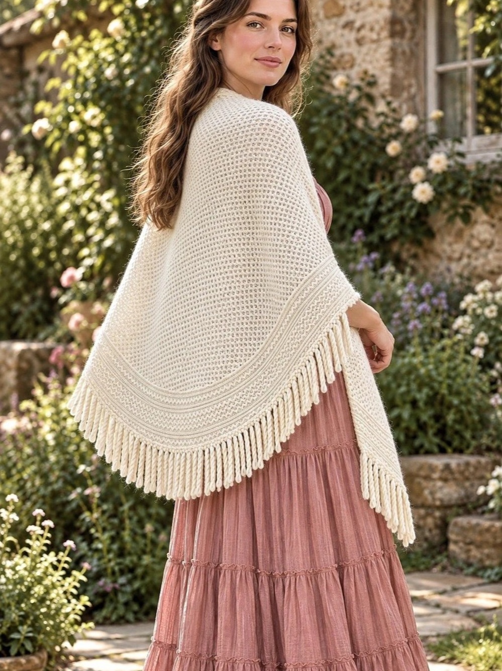 Echo Ivory Wool Open Knit Shawl Wrap Fringe Granny Chic Vintage Prairie Boho